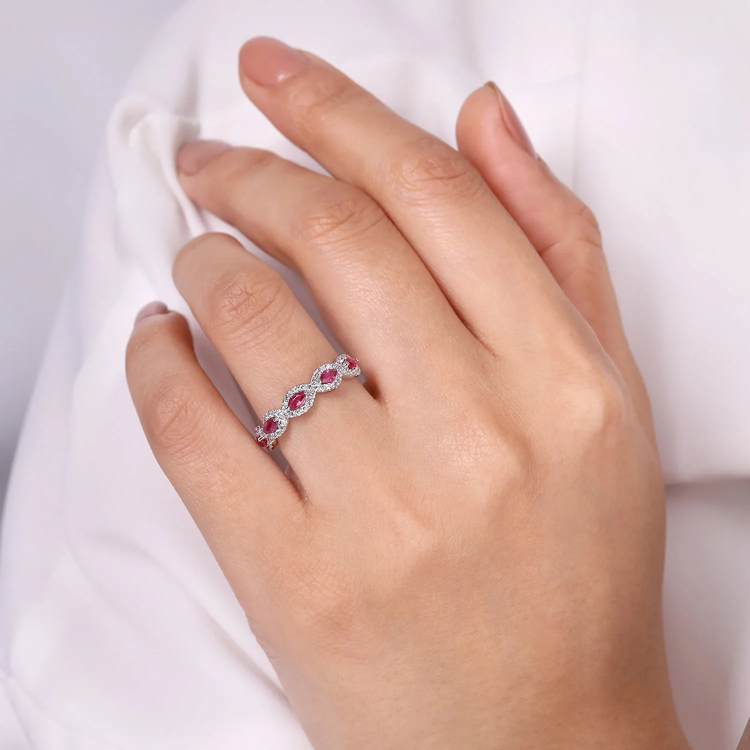 Diamond and Marquise Ruby Twisted Ring in 14K White Gold, photograph 5