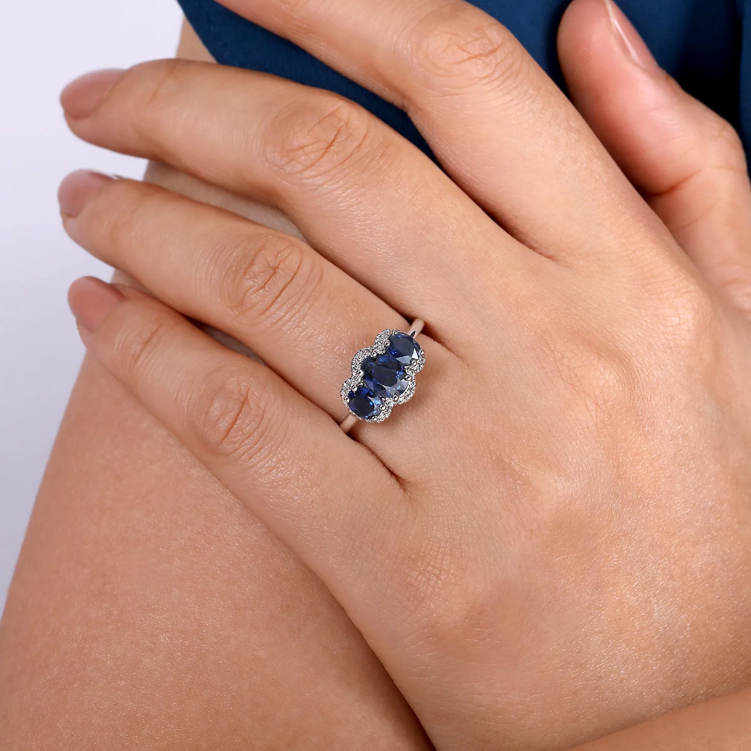 Diamond and Sapphire Oval Halo Ring in 14K White Gold, photograph 5