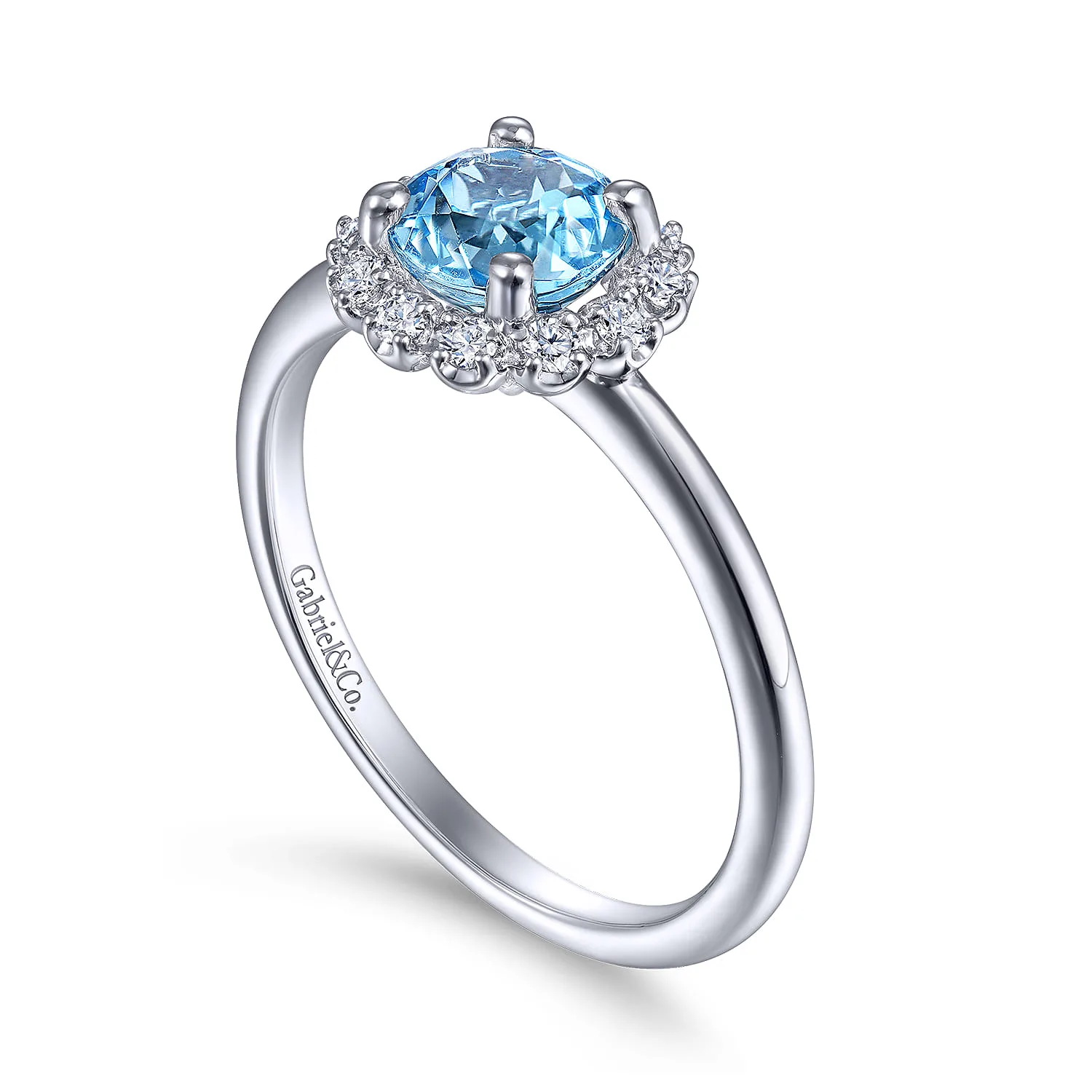 Round Blue Topaz and Diamond Halo Promise Ring in 14K White Gold, photograph 3