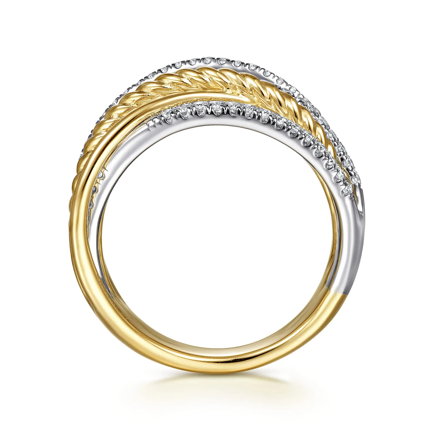 Twisted Rope and Diamond Criss Cross Ring in 14K White/Yellow Gold, photograph 2