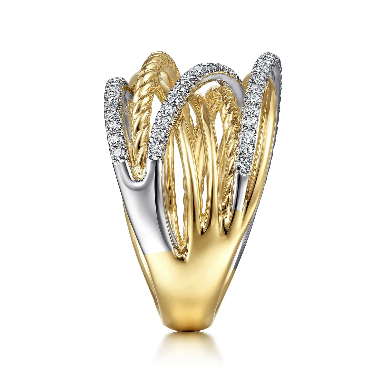 Twisted Rope and Diamond Criss Cross Ring in 14K White/Yellow Gold, photograph 4