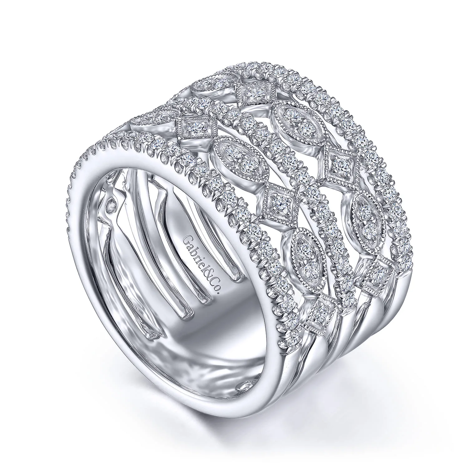 Wide Vintage Inspired Diamond Ring in 14K White Gold, photograph 3