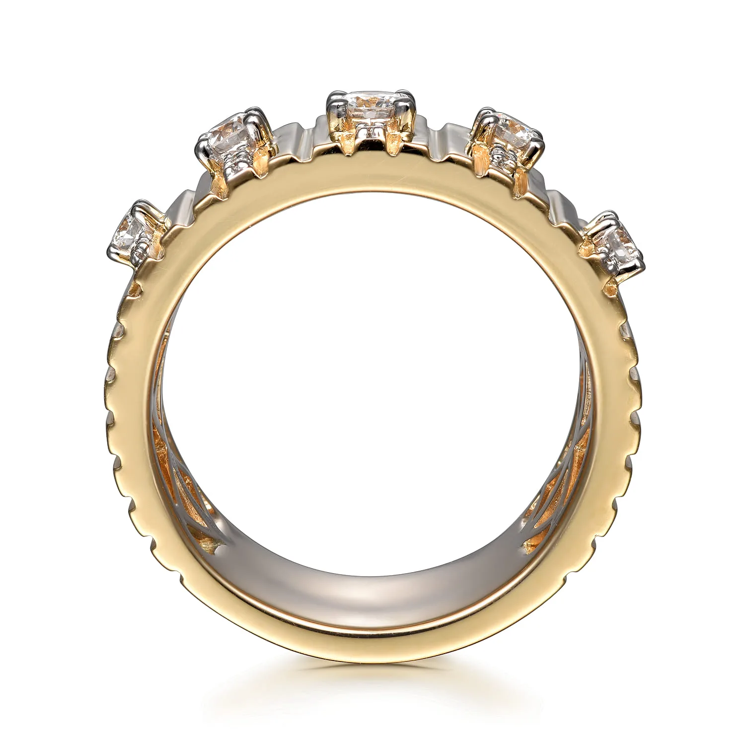 Contemporary Diamond Station Wide Band Ring in 18K Yellow Gold, photograph 2