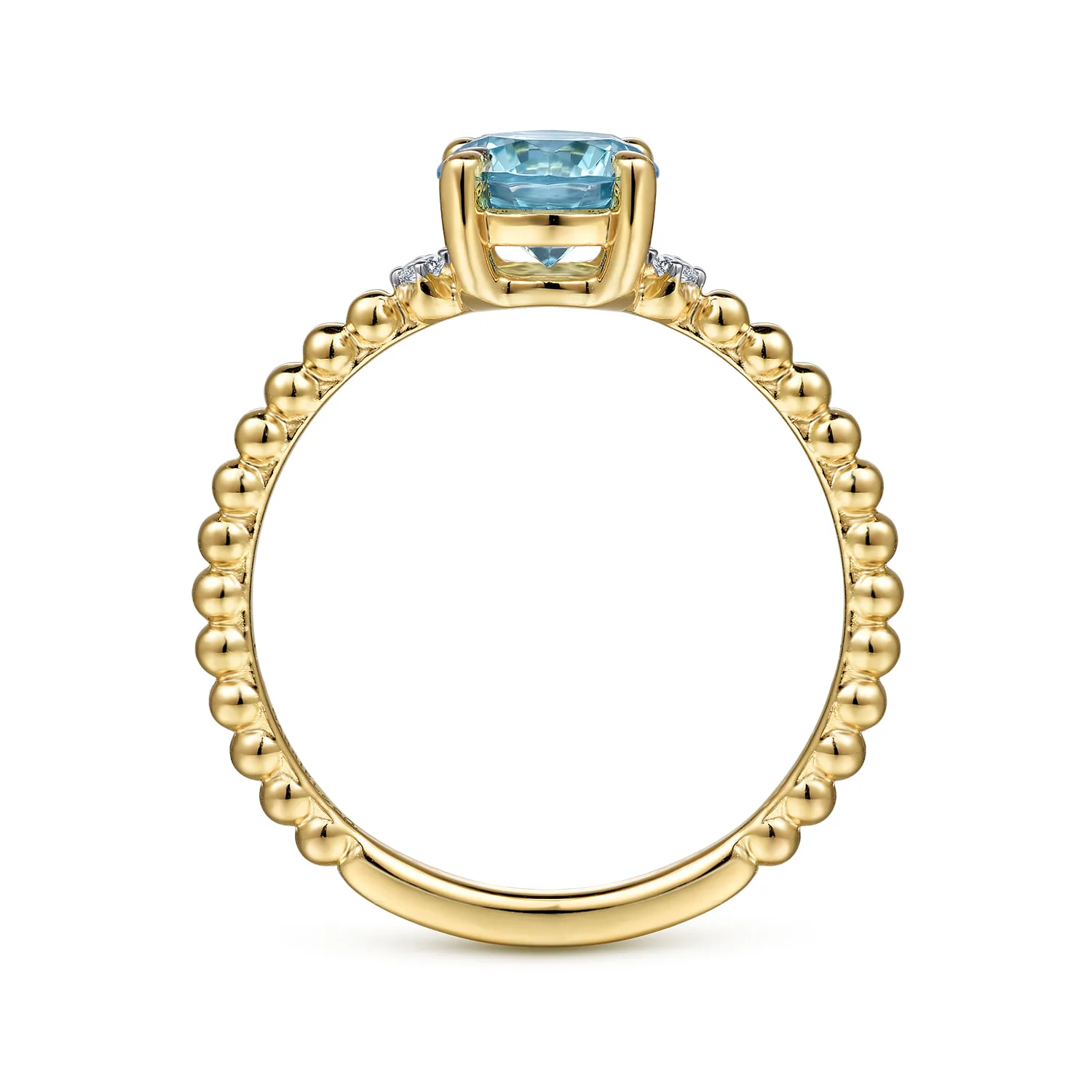 Round Swiss Blue Topaz and Diamond Bujukan Promise Ring in 14K Yellow Gold, photograph 2