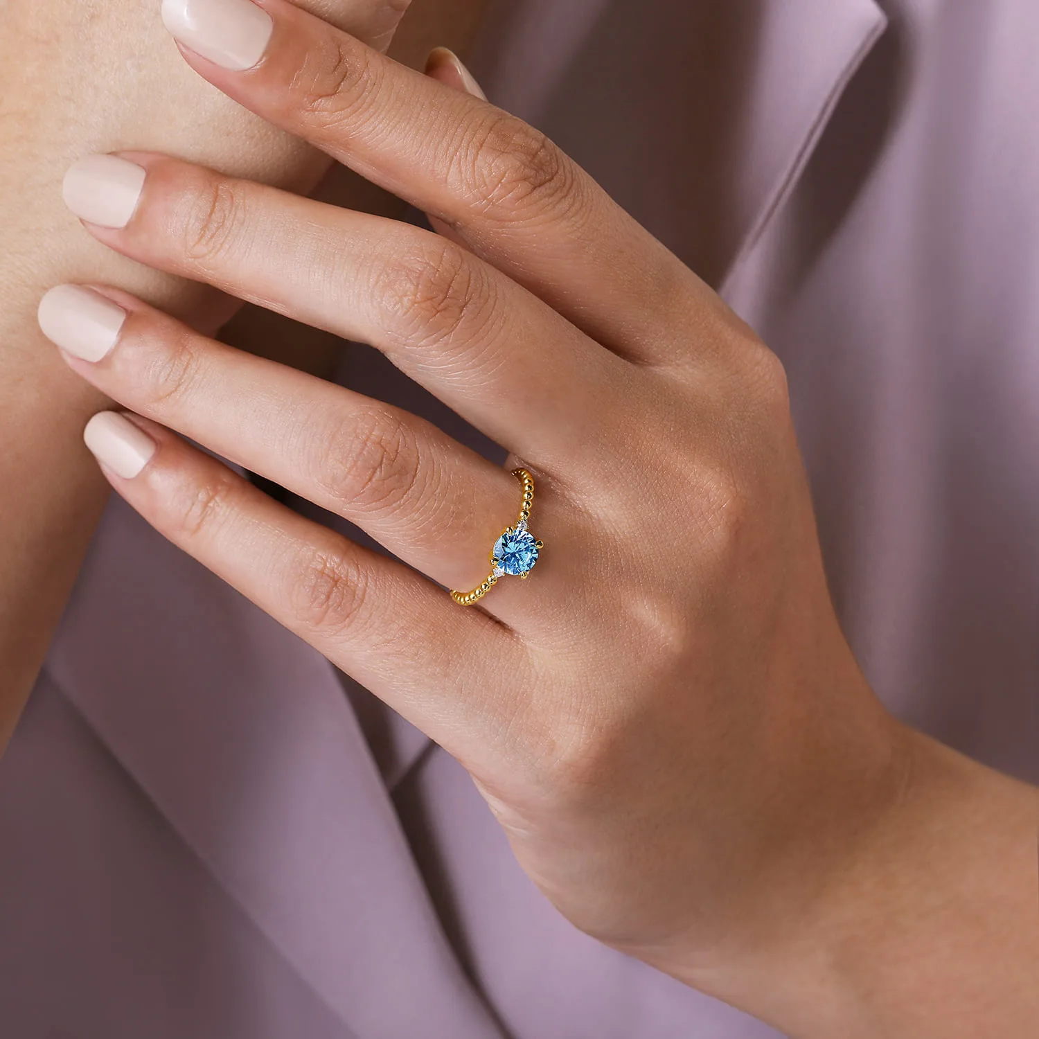 Round Swiss Blue Topaz and Diamond Bujukan Promise Ring in 14K Yellow Gold, photograph 5