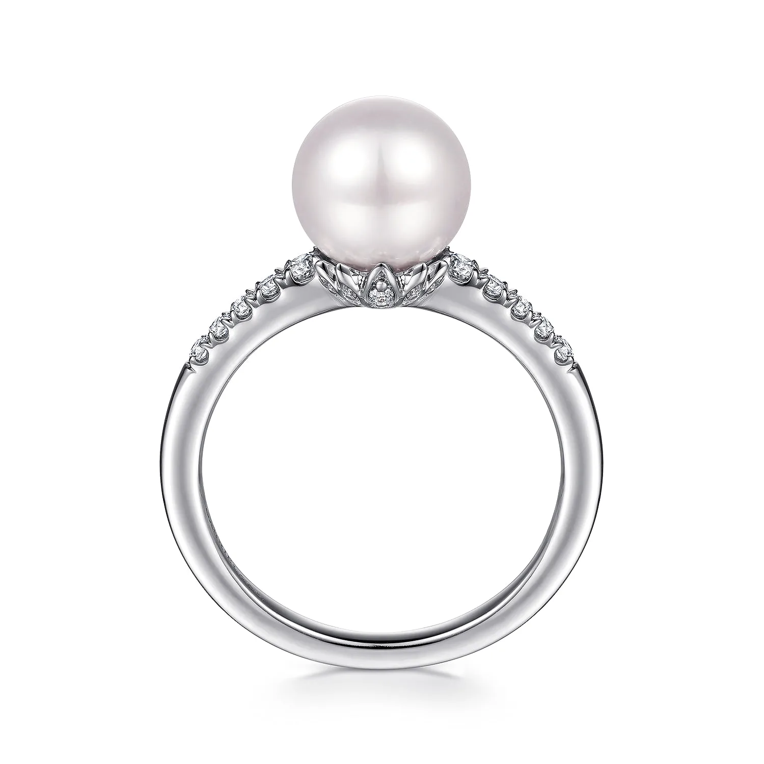 Classic Cultured Pearl and Graduate Diamond Promise Ring in 14K White Gold, photograph 2