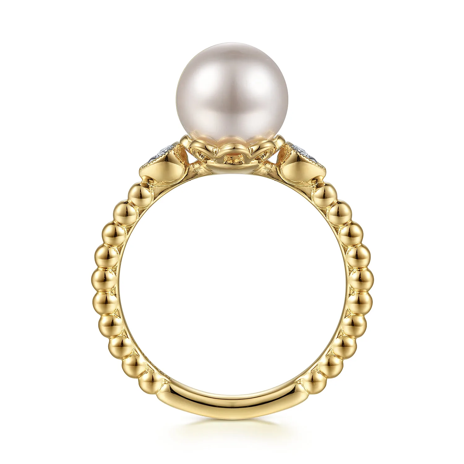 Diamond and Pearl Bujukan Promise Ring in 14K Yellow Gold, photograph 2