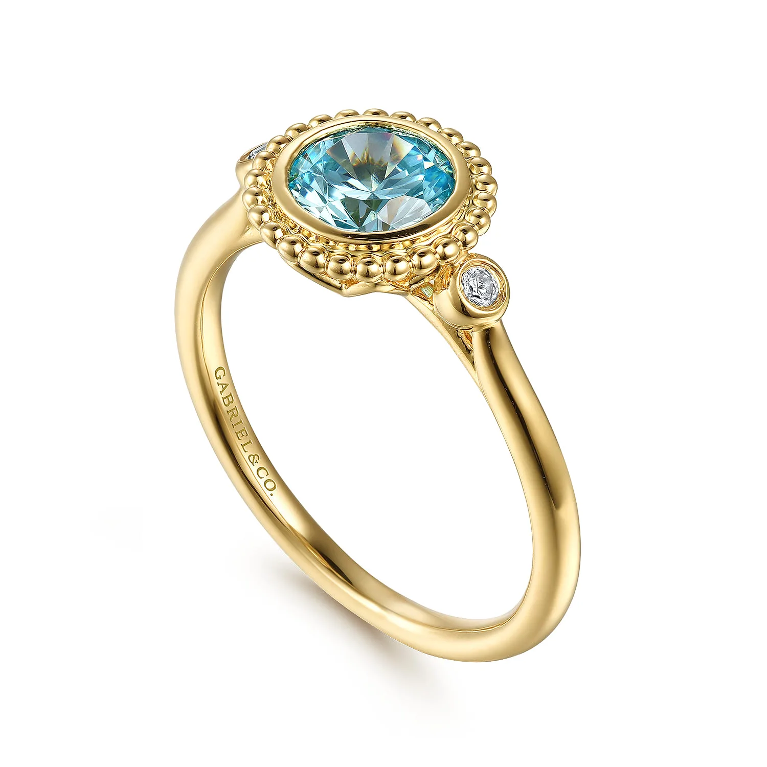 Diamond and Blue Topaz Bujukan Promise Ring in 14K Yellow Gold, photograph 3