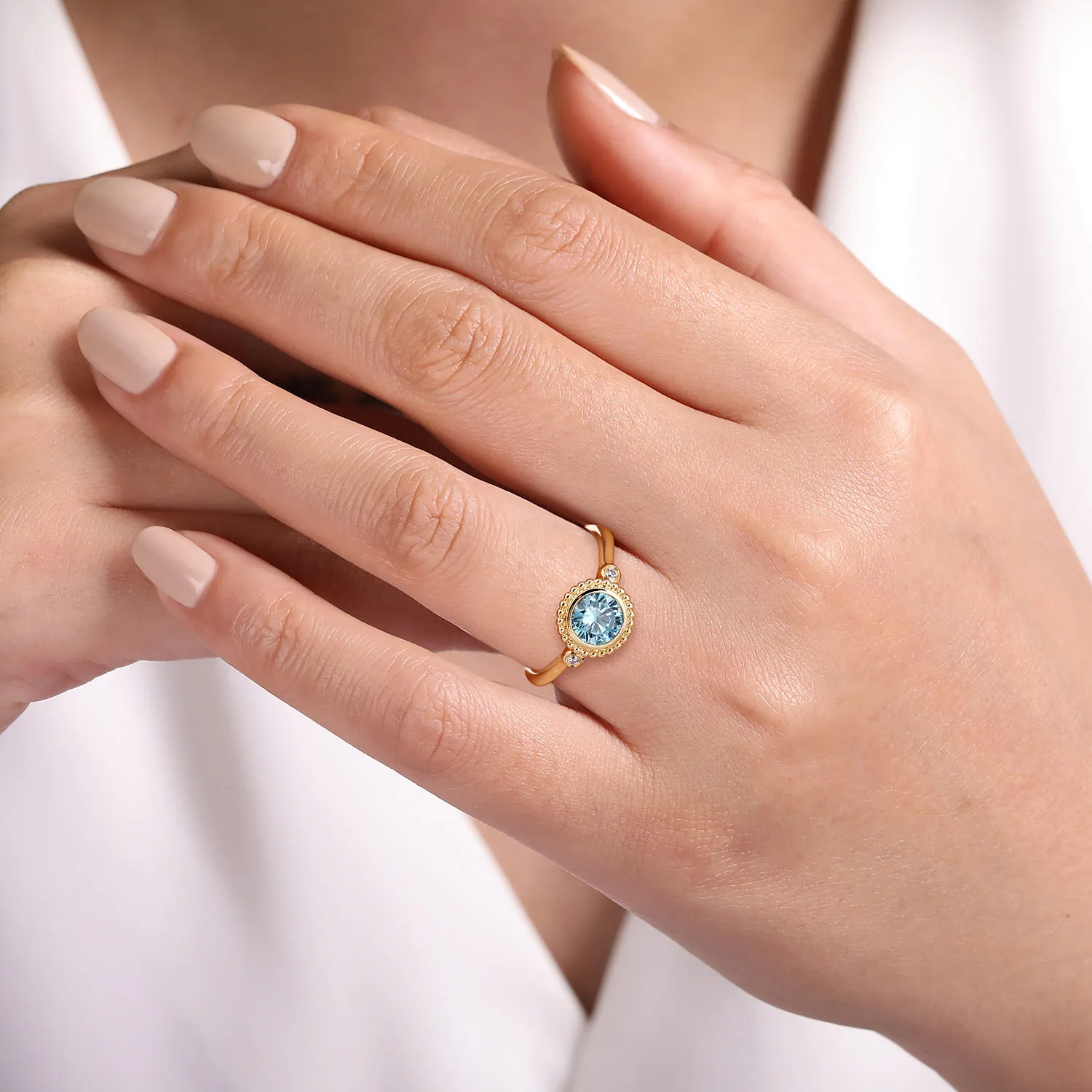 Diamond and Blue Topaz Bujukan Promise Ring in 14K Yellow Gold, photograph 5
