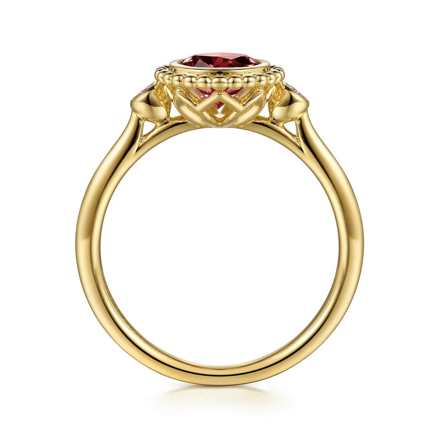 Diamond and Garnet Bujukan Promise Ring in 14K Yellow Gold, photograph 2