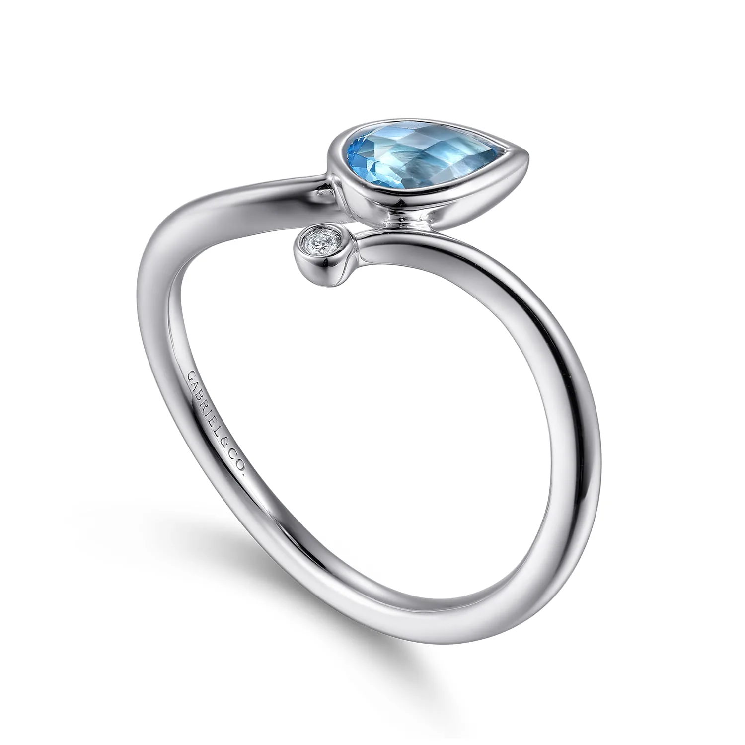 Diamond and Blue Topaz Teardrop Bypass Ring in Sterling Silver, photograph 3