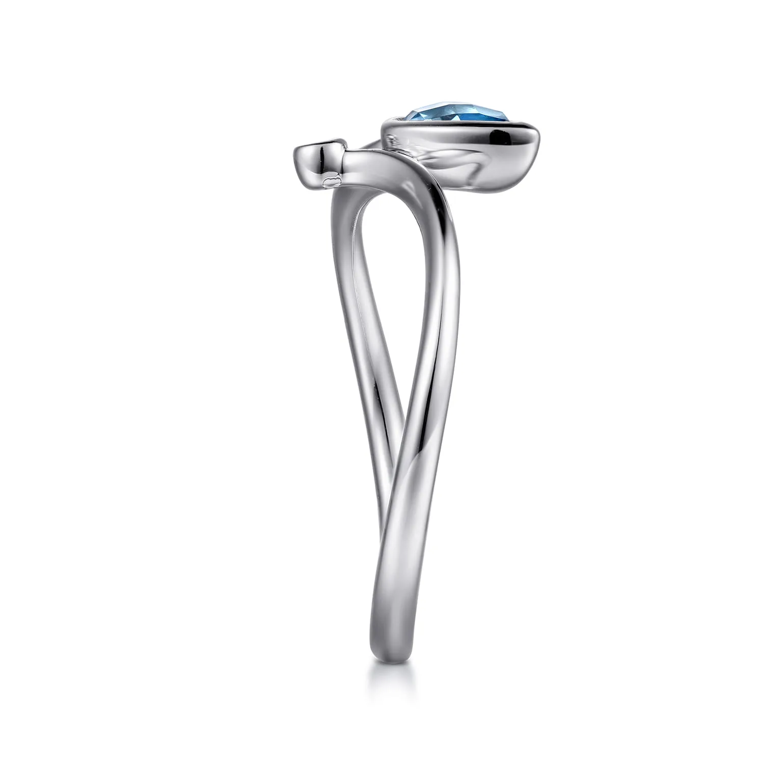 Diamond and Blue Topaz Teardrop Bypass Ring in Sterling Silver, photograph 4