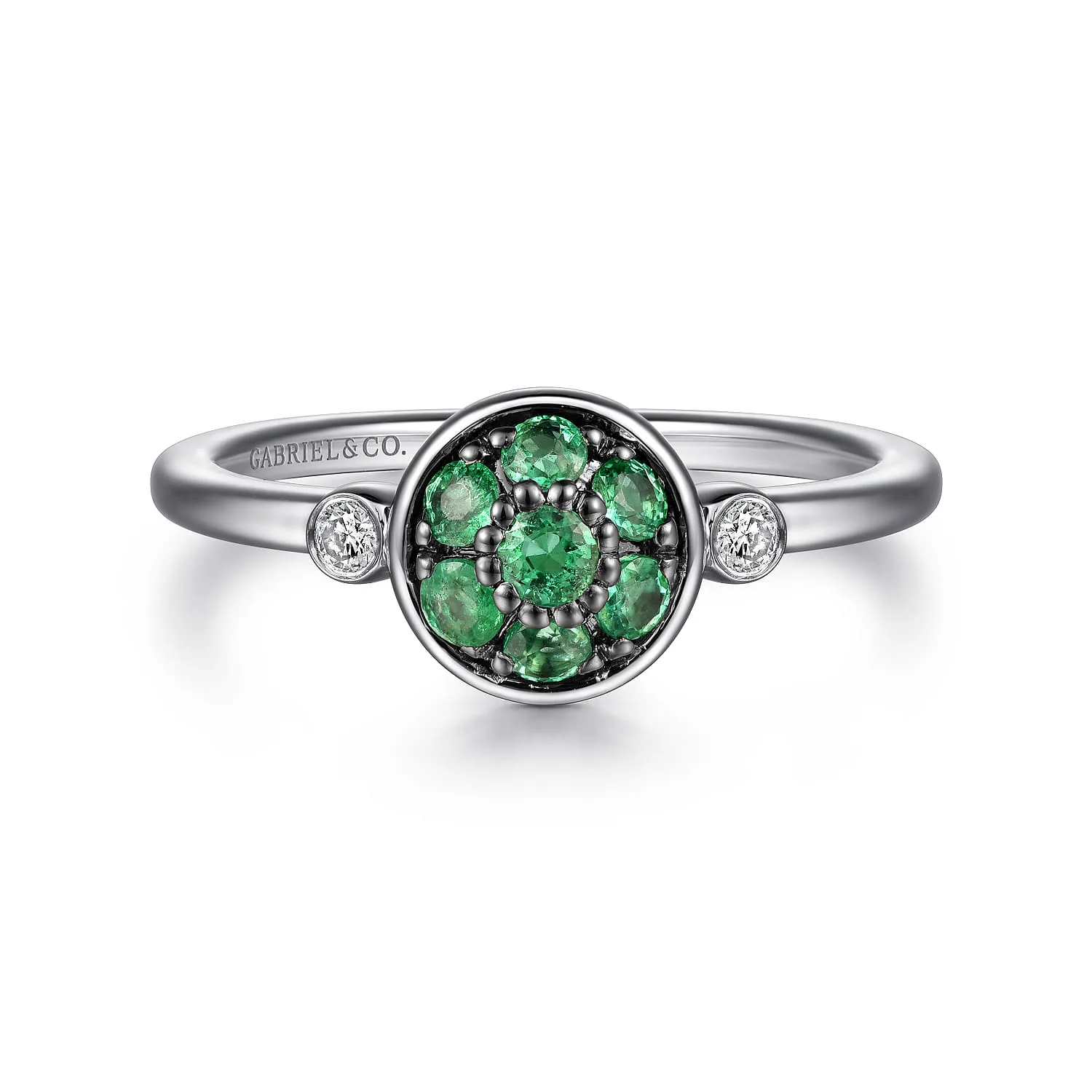 Bezel Set Diamond and Emerald Cluster Ring in Sterling Silver
