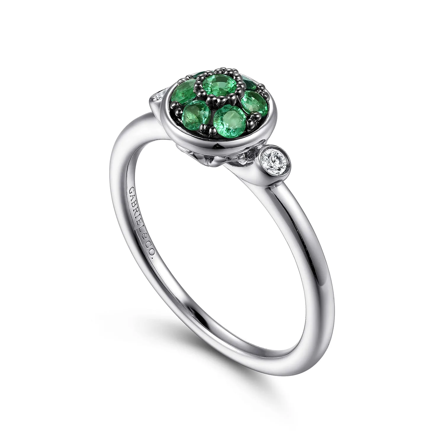 Bezel Set Diamond and Emerald Cluster Ring in Sterling Silver, photograph 3