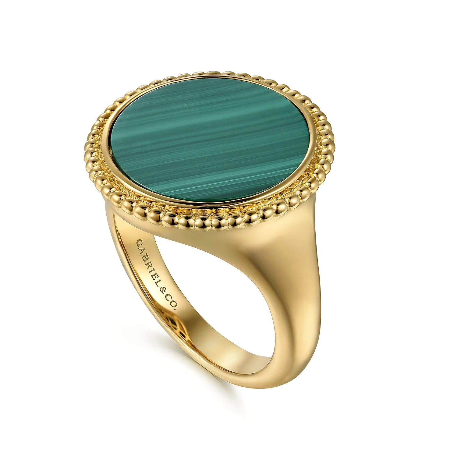 Round Malachite Inlay Signet Ring in 14K Yellow Gold, photograph 3