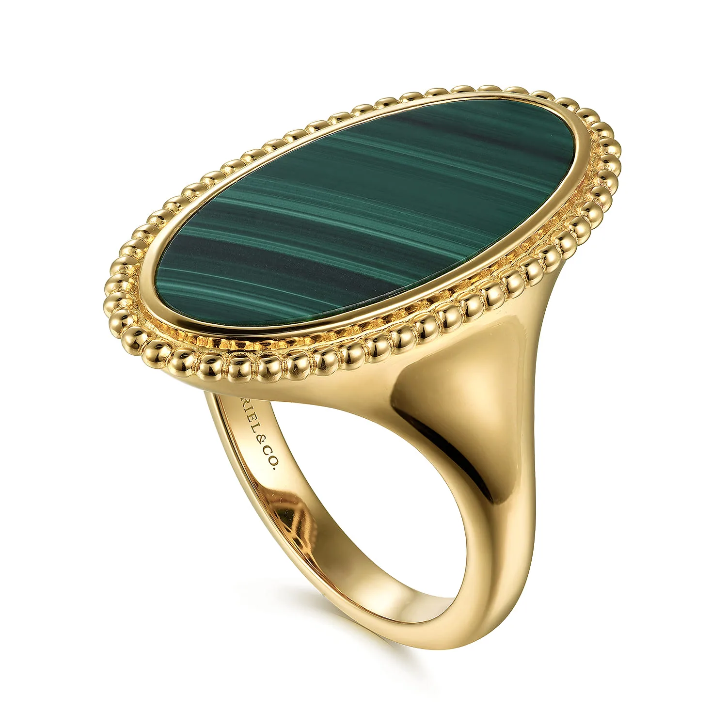 Oval Malachite Inlay Signet Ring in 14K Yellow Gold, photograph 3