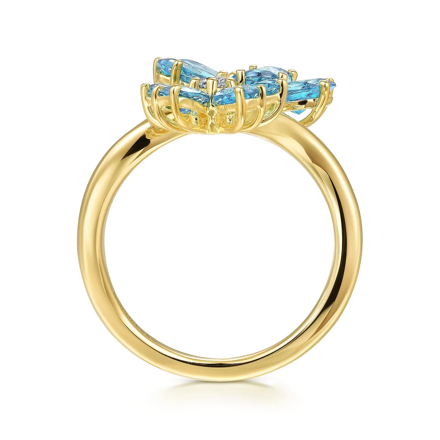 Diamond and Blue Topaz Bypass Flower Ring in 14K Yellow Gold, photograph 2