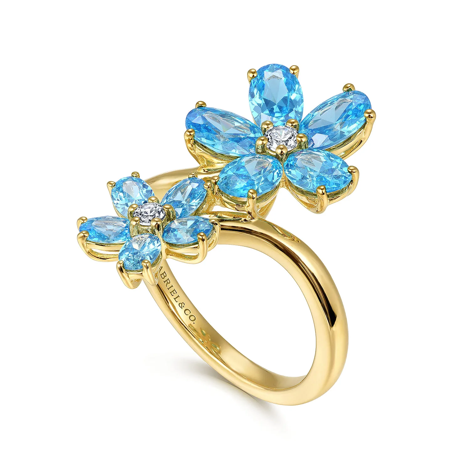 Diamond and Blue Topaz Bypass Flower Ring in 14K Yellow Gold, photograph 3