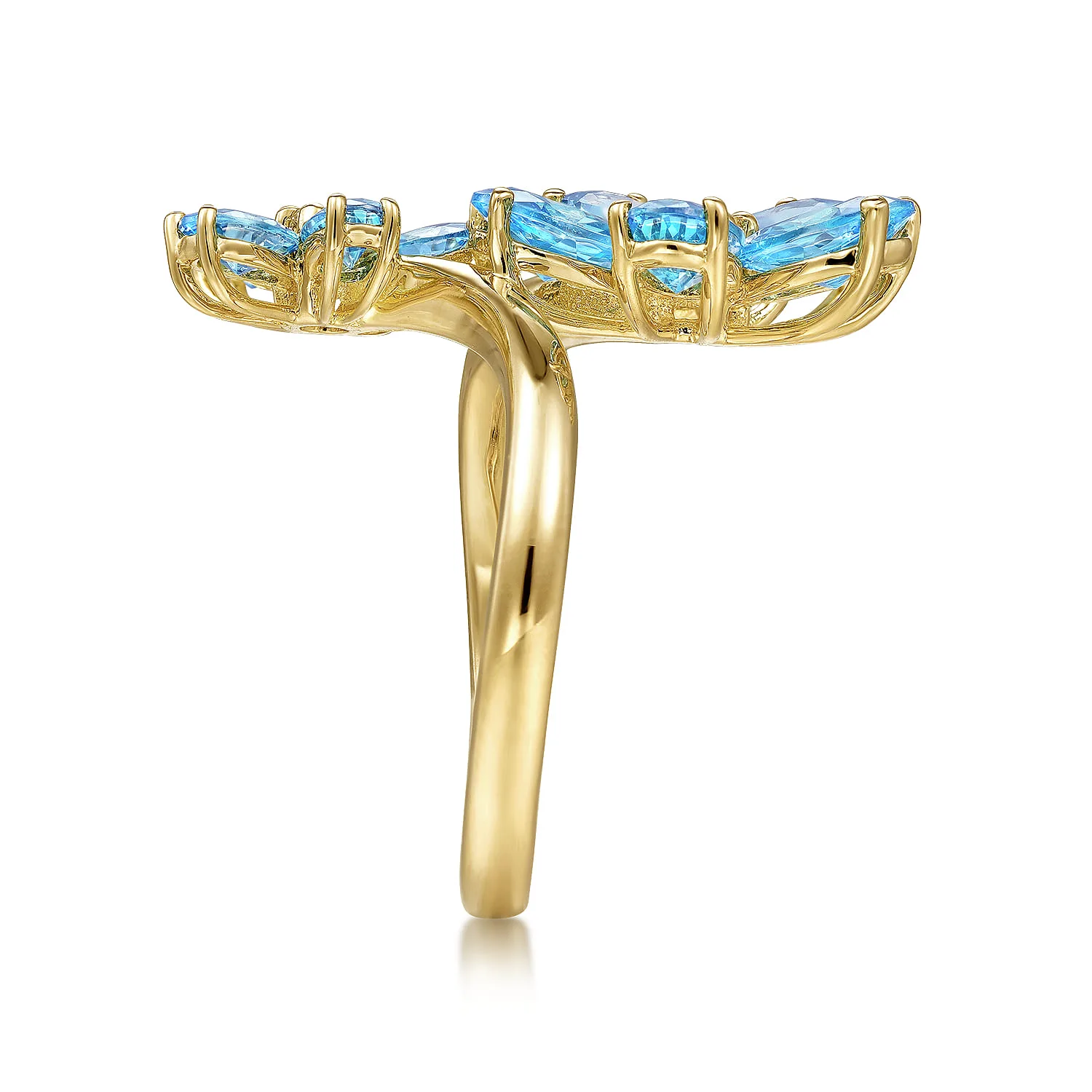 Diamond and Blue Topaz Bypass Flower Ring in 14K Yellow Gold, photograph 4