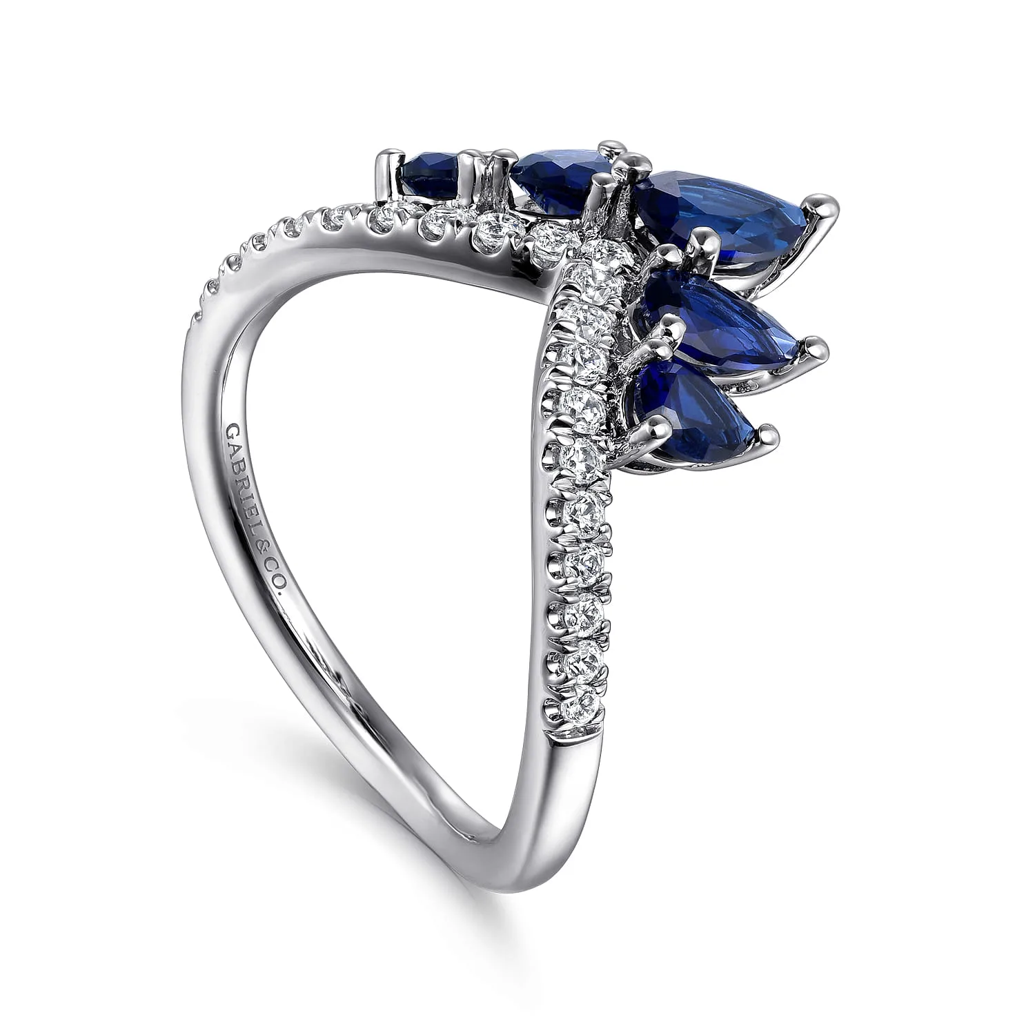 Diamond and Blue Sapphire Chevron Ring in 14K White Gold, photograph 3