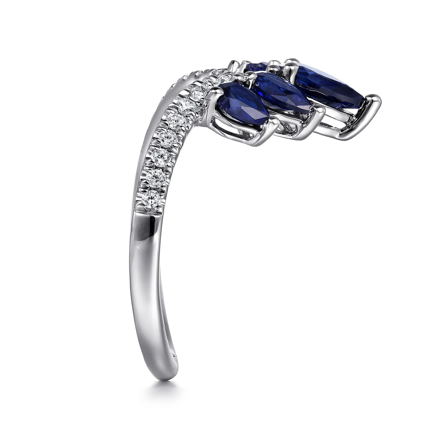 Diamond and Blue Sapphire Chevron Ring in 14K White Gold, photograph 4