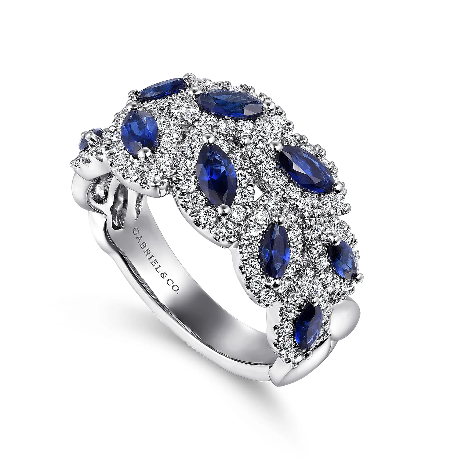 Diamond and Marquise Blue Sapphire Wide Band Ring in 14K White Gold, photograph 3