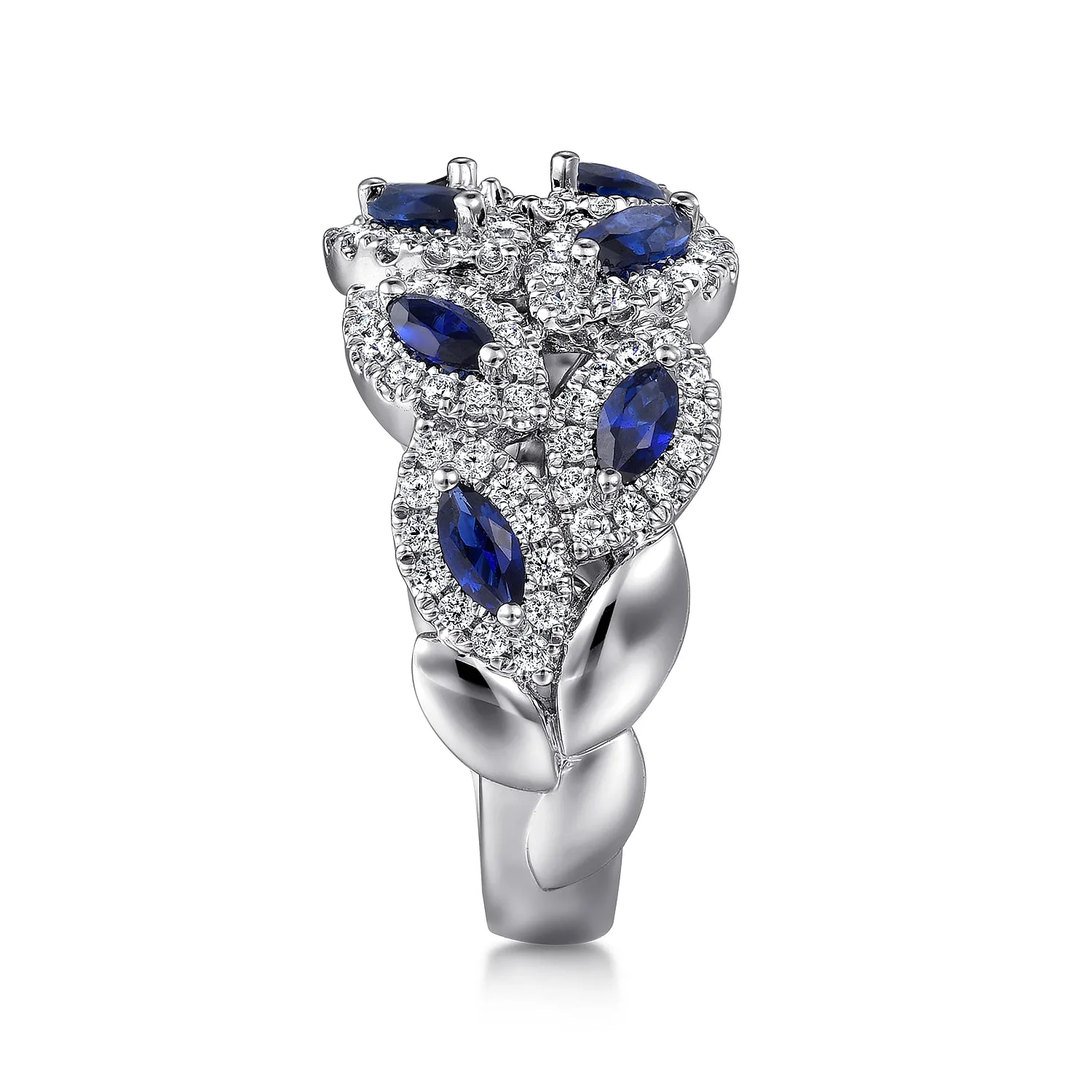 Diamond and Marquise Blue Sapphire Wide Band Ring in 14K White Gold, photograph 4
