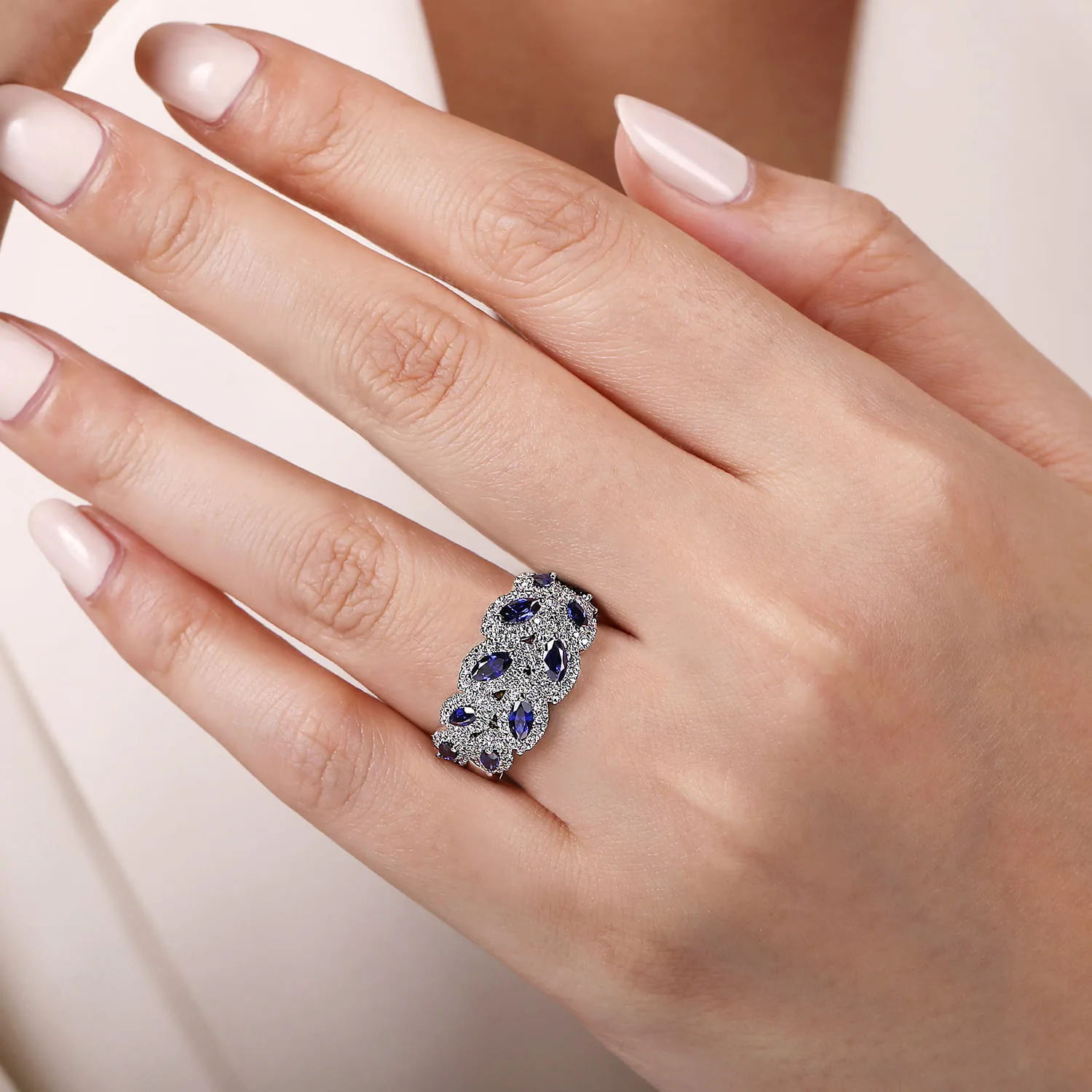 Diamond and Marquise Blue Sapphire Wide Band Ring in 14K White Gold, photograph 5
