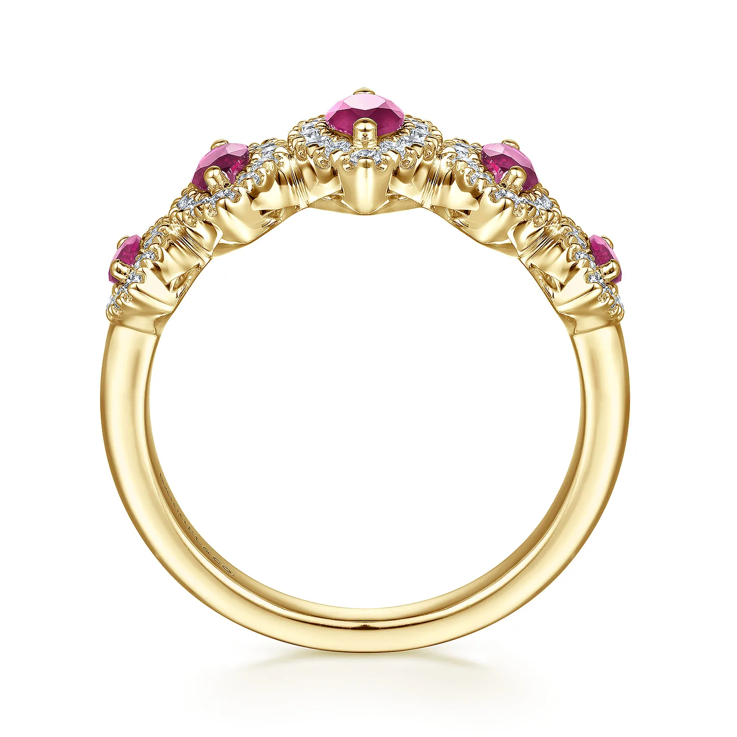 Ruby and Diamond Halo Marquise Ladies Ring in 14K Yellow Gold, photograph 2