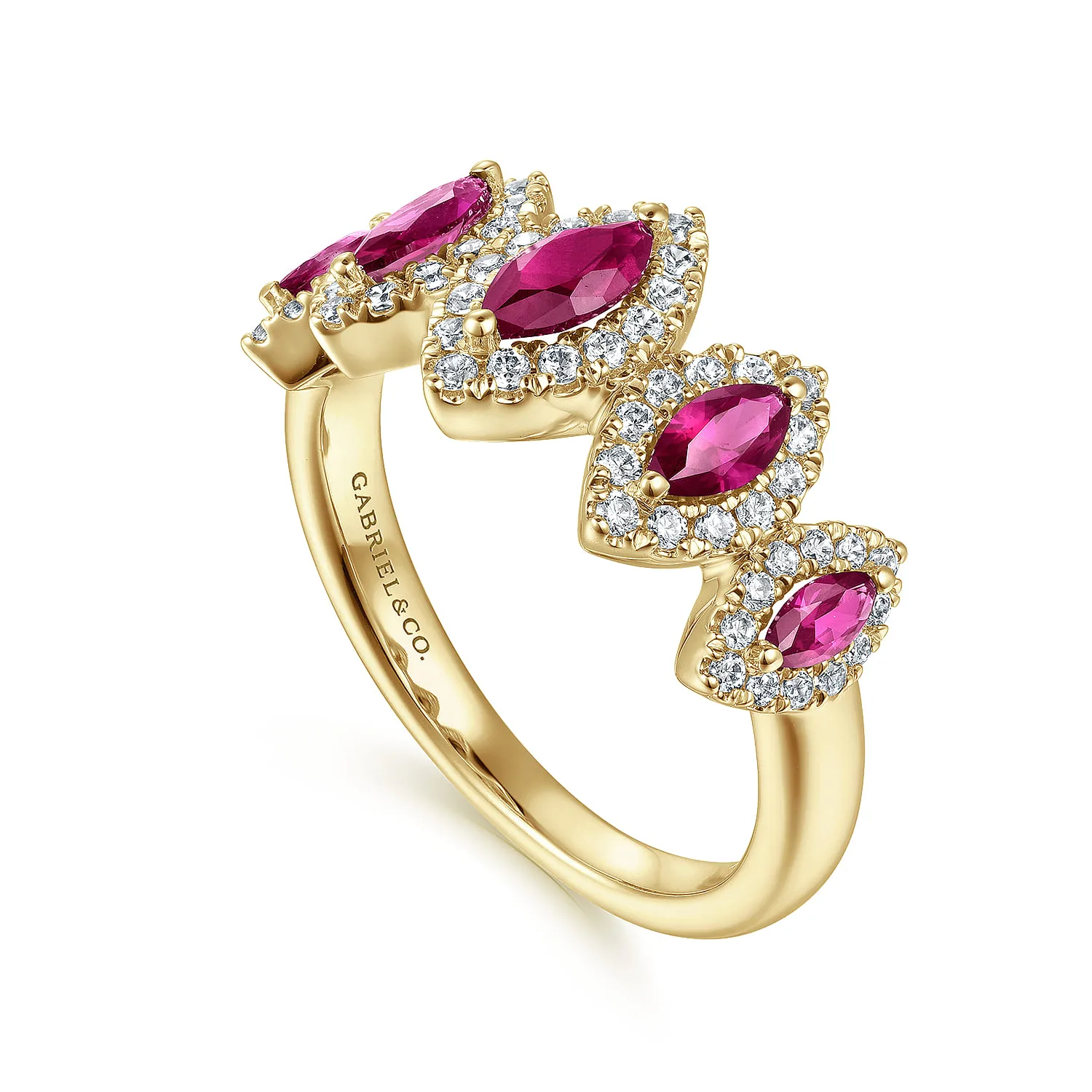 Ruby and Diamond Halo Marquise Ladies Ring in 14K Yellow Gold, photograph 3