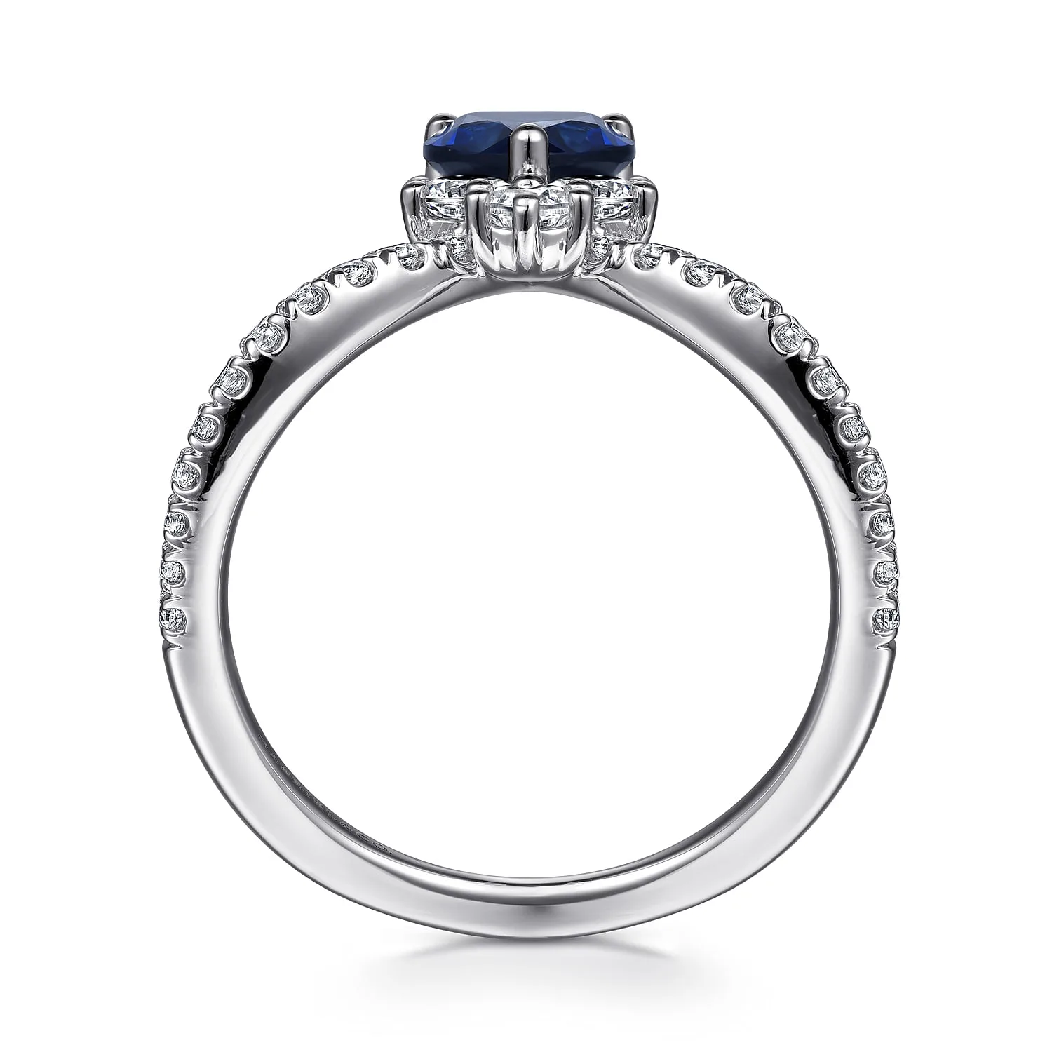 Diamond and Blue Sapphire Teardrop Chevron Ring in 14K White Gold, photograph 2