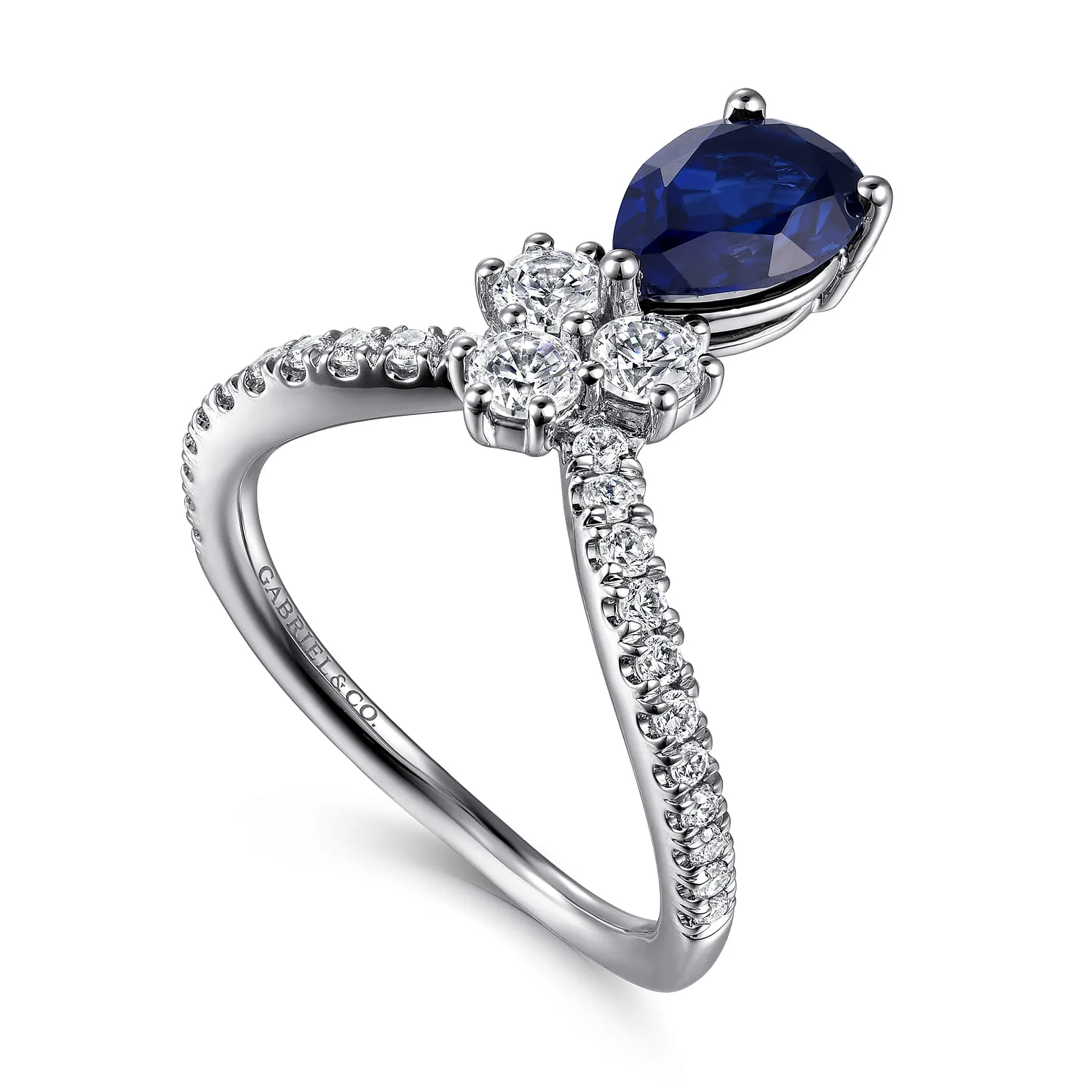 Diamond and Blue Sapphire Teardrop Chevron Ring in 14K White Gold, photograph 3