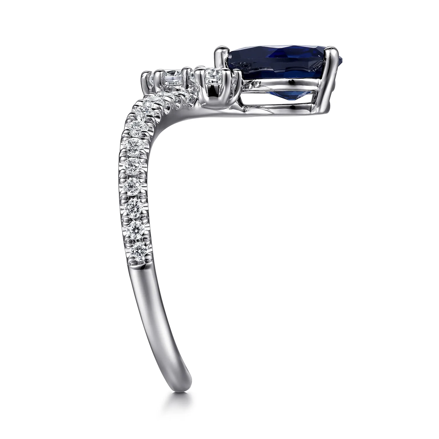 Diamond and Blue Sapphire Teardrop Chevron Ring in 14K White Gold, photograph 4