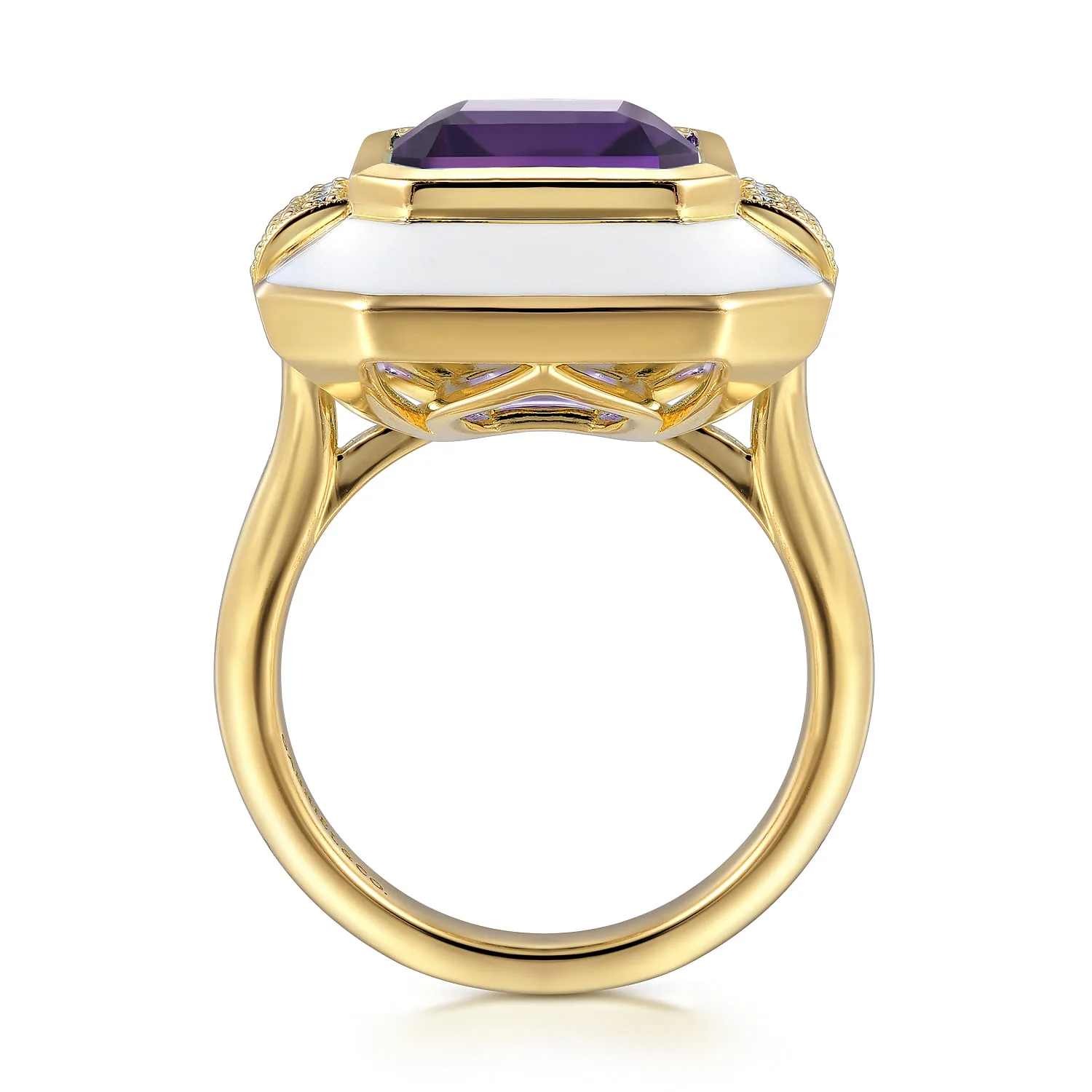 Diamond and Amethyst Cocktail Ring with White Enamel in 14K Yellow Gold, photograph 2