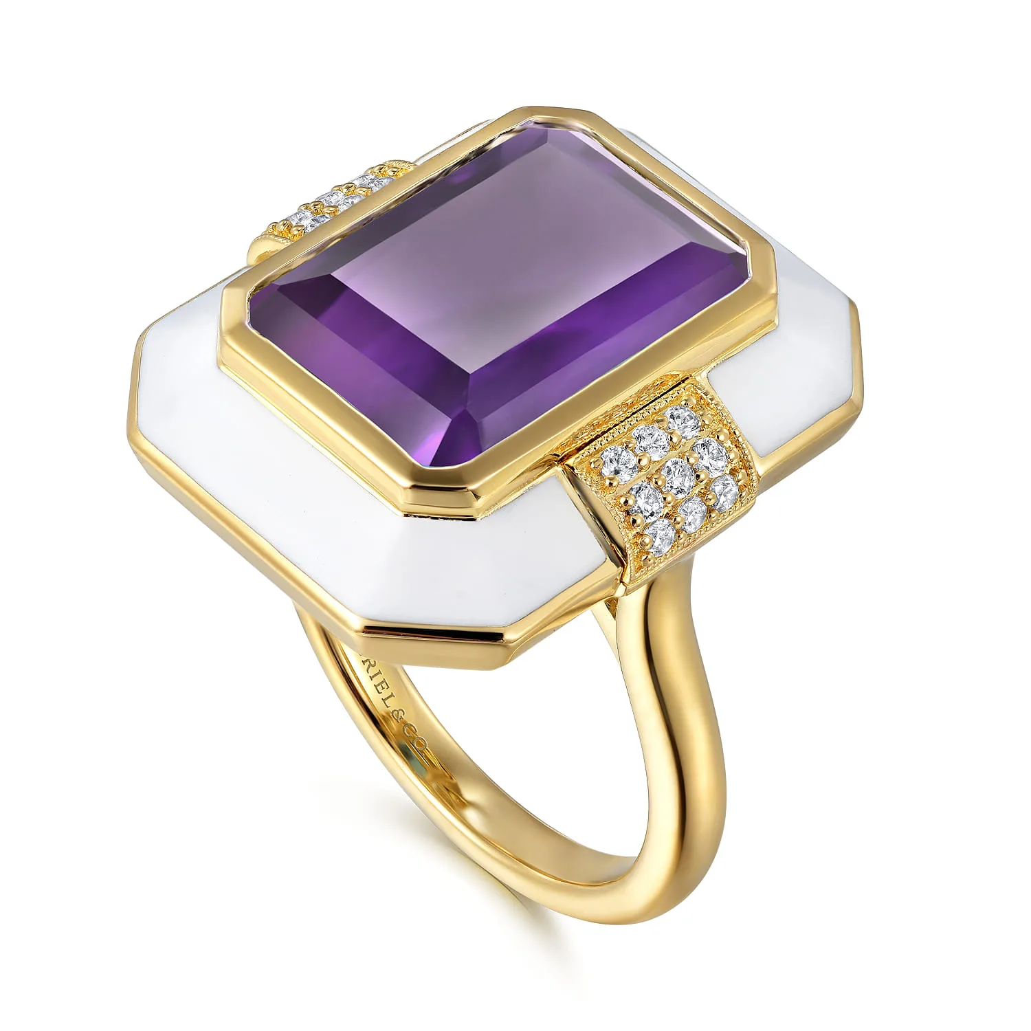 Diamond and Amethyst Cocktail Ring with White Enamel in 14K Yellow Gold, photograph 3