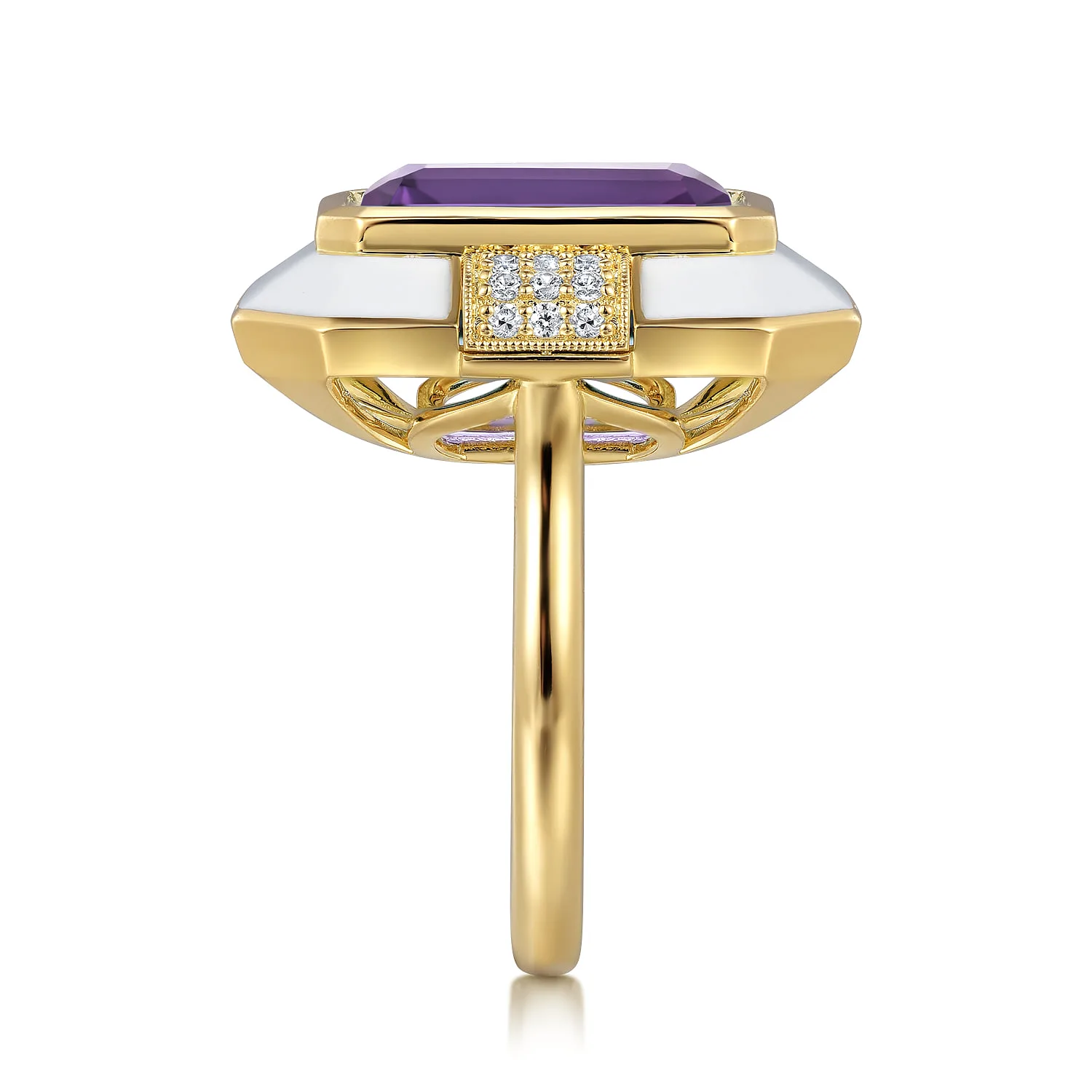 Diamond and Amethyst Cocktail Ring with White Enamel in 14K Yellow Gold, photograph 4