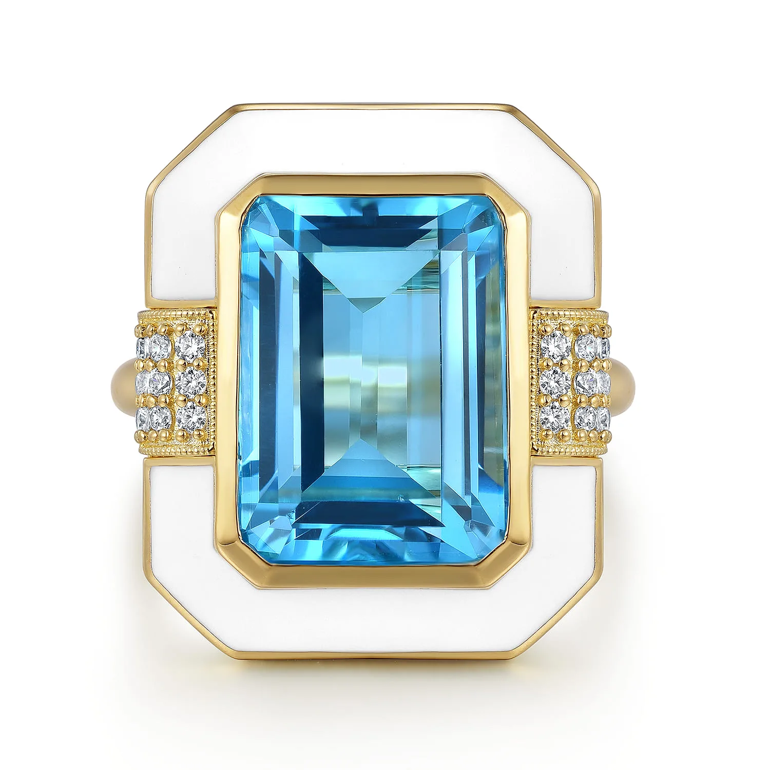 Diamond and Blue Topaz Cocktail Ring with White Enamel