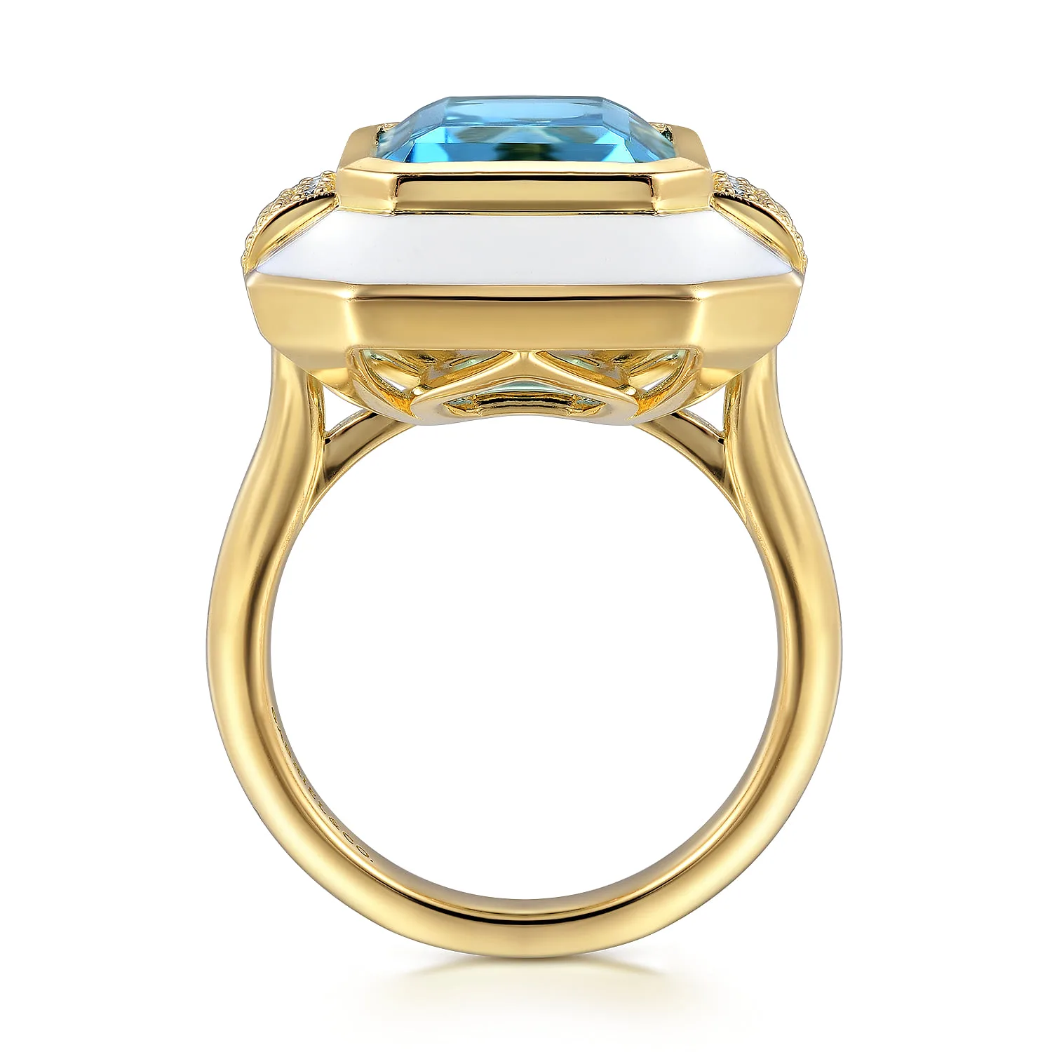 Diamond and Blue Topaz Cocktail Ring with White Enamel in 14K Yellow Gold, photograph 2