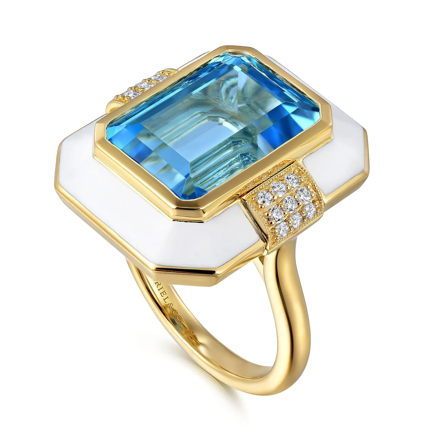Diamond and Blue Topaz Cocktail Ring with White Enamel in 14K Yellow Gold, photograph 3