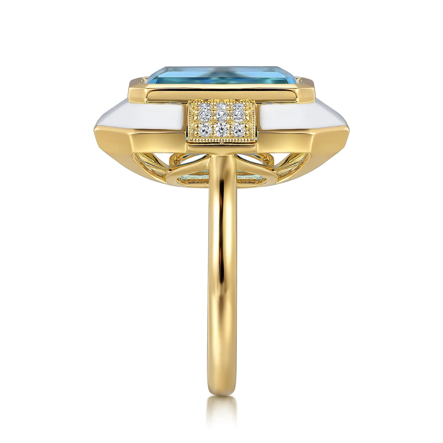 Diamond and Blue Topaz Cocktail Ring with White Enamel in 14K Yellow Gold, photograph 4