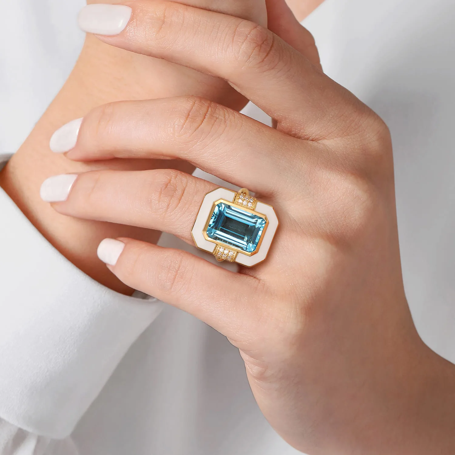 Diamond and Blue Topaz Cocktail Ring with White Enamel in 14K Yellow Gold, photograph 5