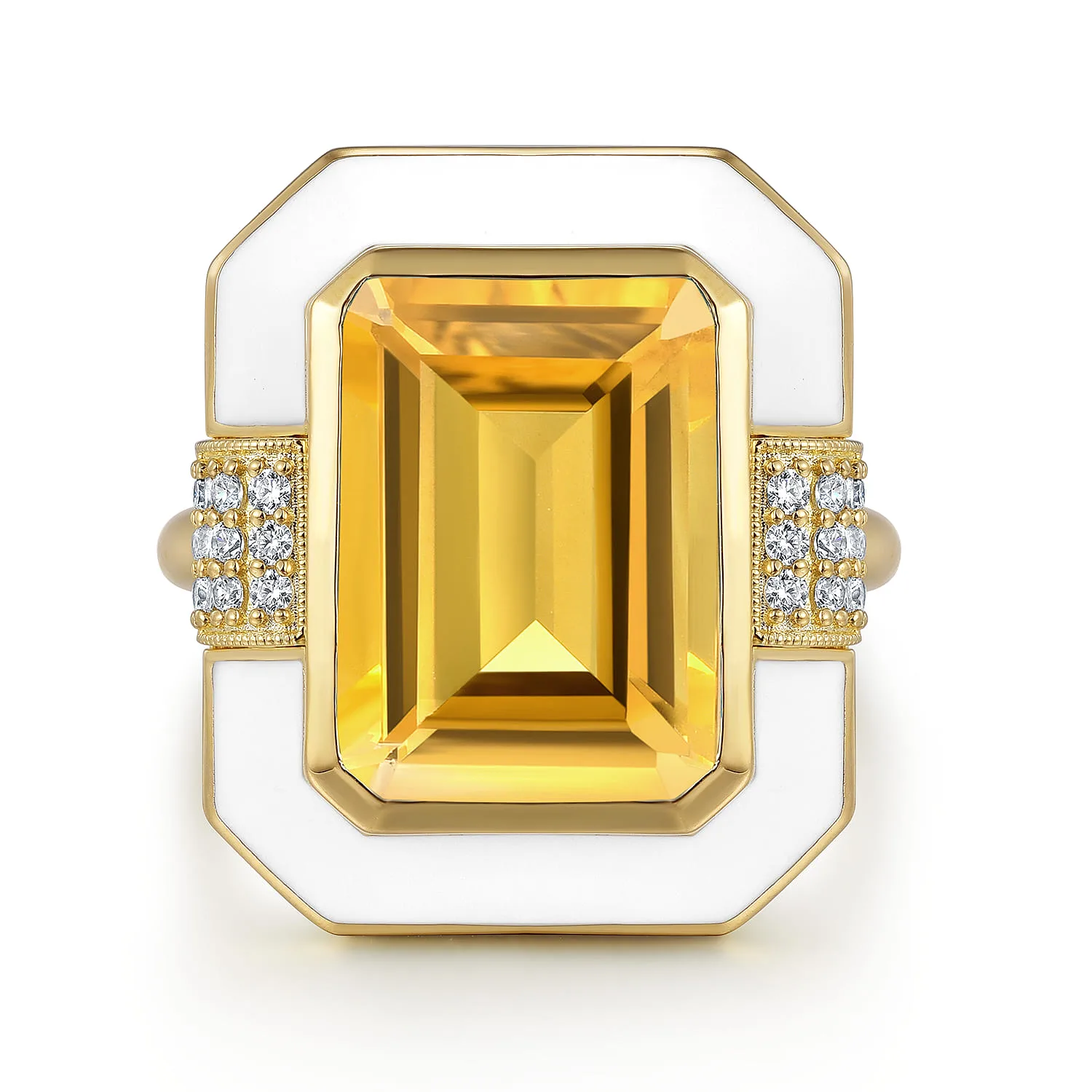 Diamond and Citrine Cocktail Ring with White Enamel
