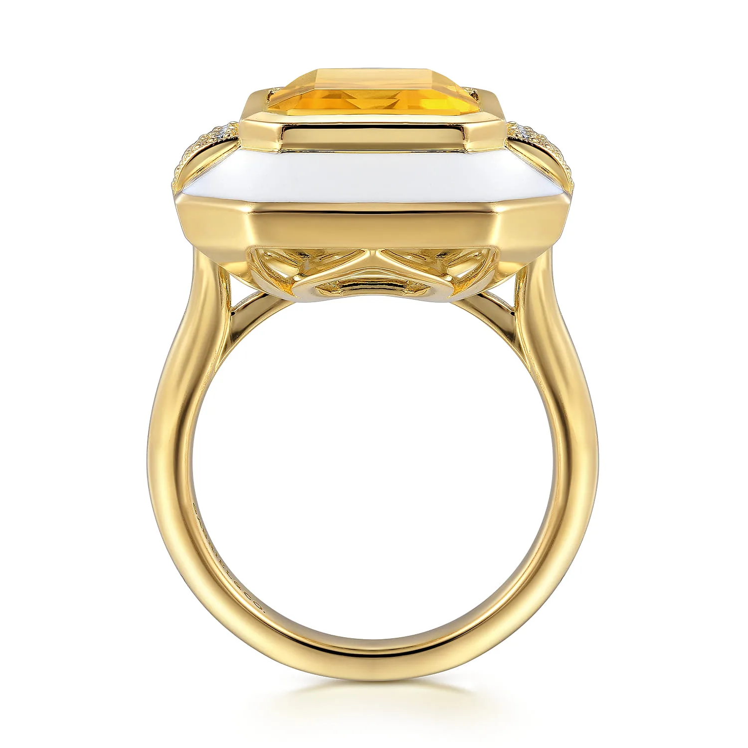 Diamond and Citrine Cocktail Ring with White Enamel in 14K Yellow Gold, photograph 2