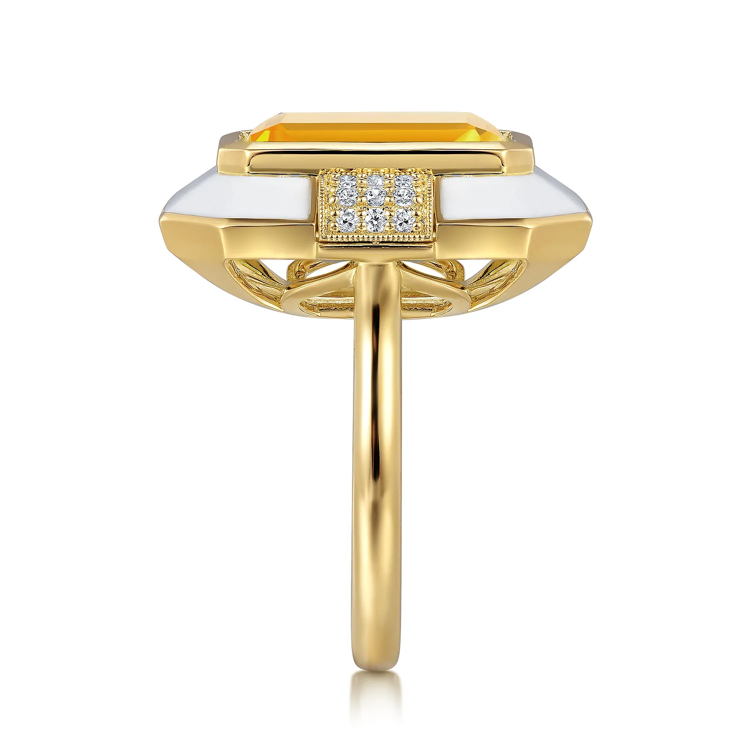 Diamond and Citrine Cocktail Ring with White Enamel in 14K Yellow Gold, photograph 4