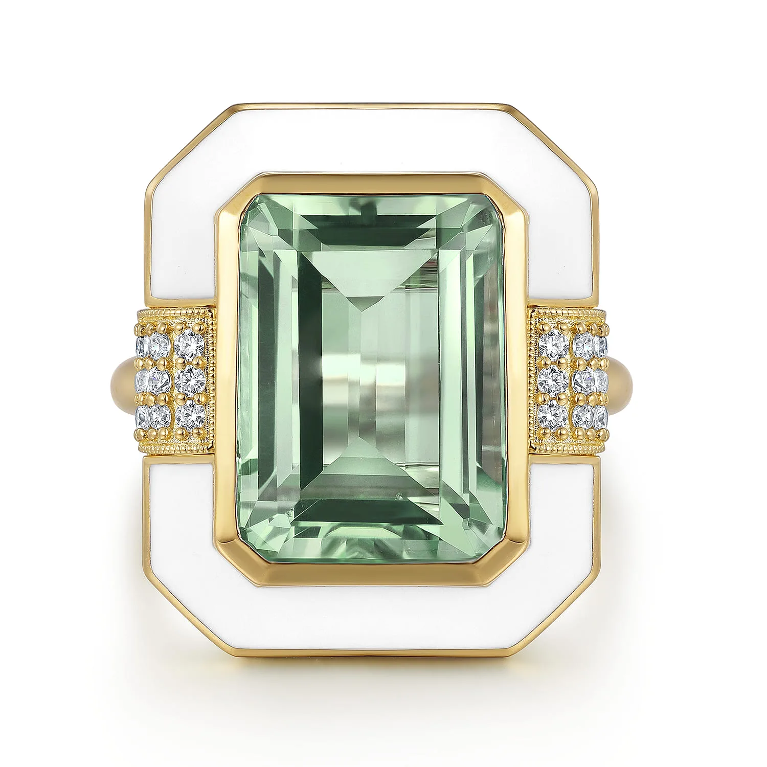Diamond and Green Amethyst Cocktail Ring with White Enamel