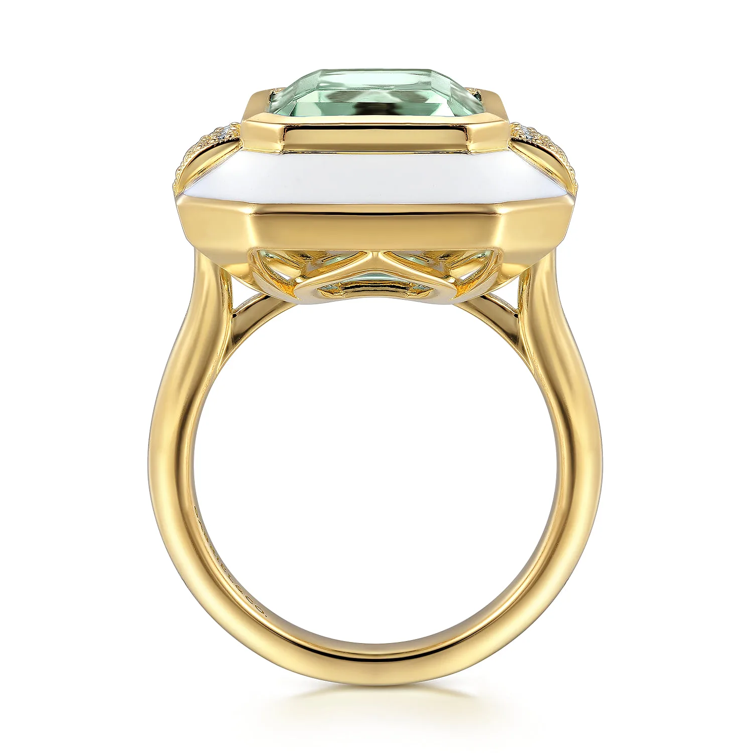 Diamond and Green Amethyst Cocktail Ring with White Enamel in 14K Yellow Gold, photograph 2