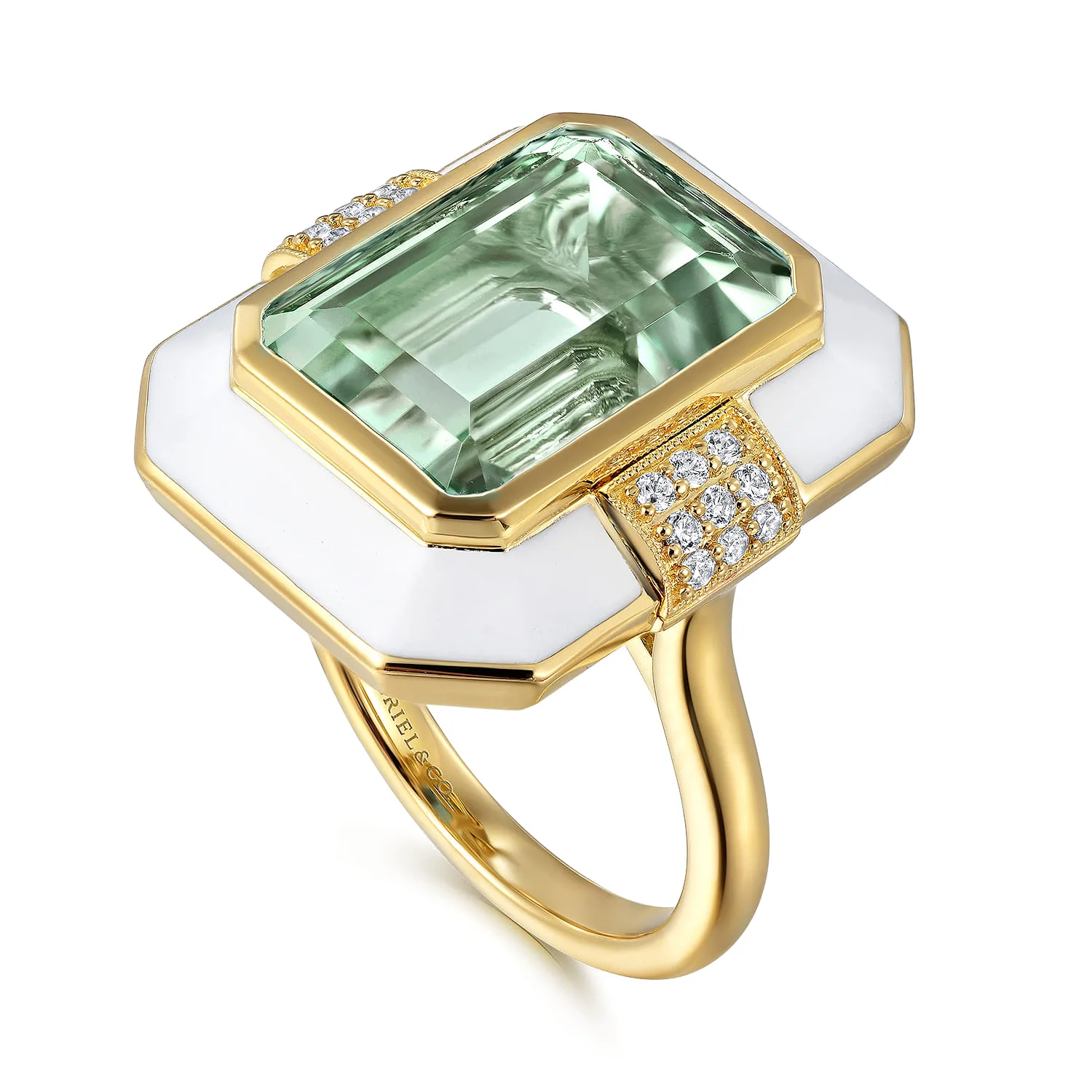 Diamond and Green Amethyst Cocktail Ring with White Enamel in 14K Yellow Gold, photograph 3