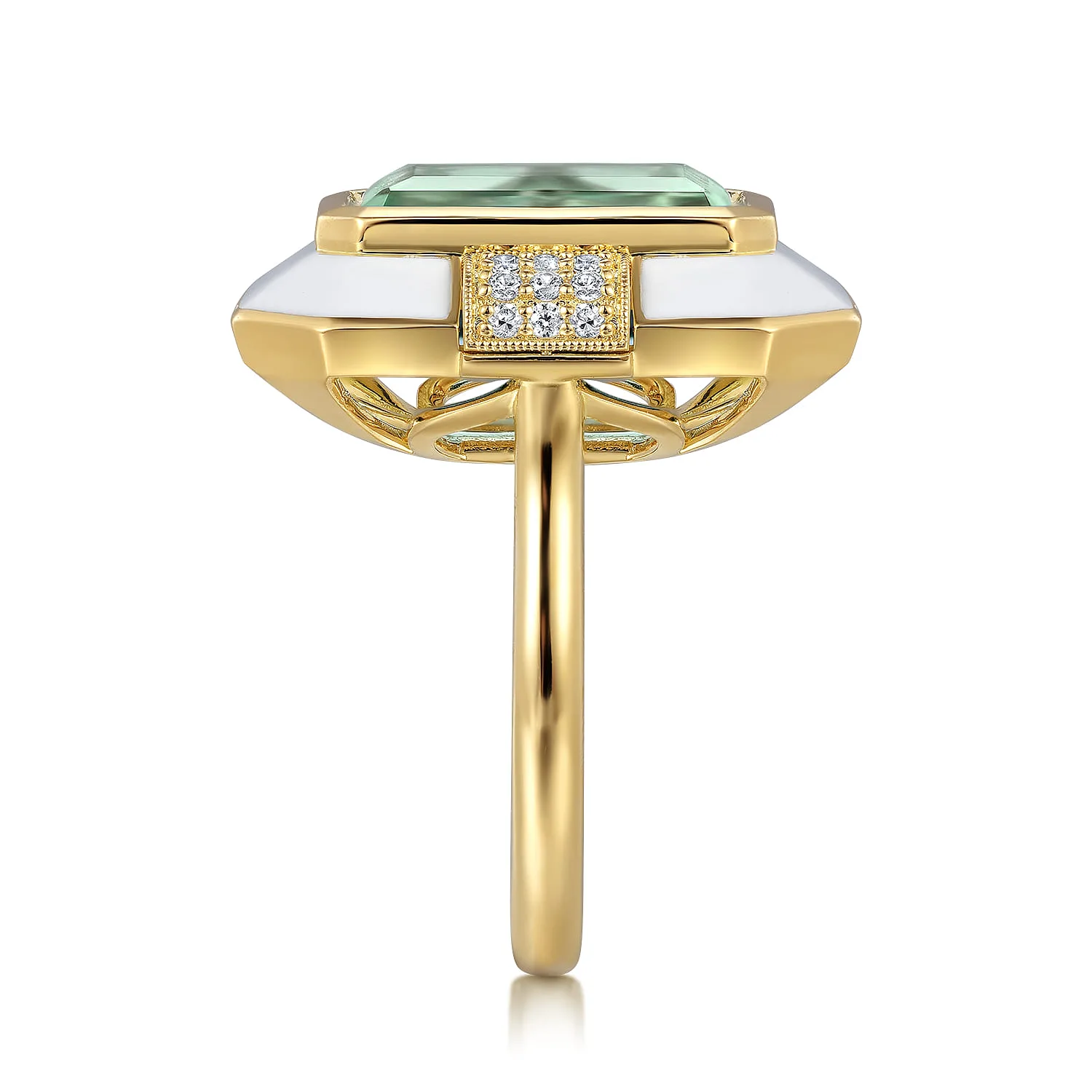 Diamond and Green Amethyst Cocktail Ring with White Enamel in 14K Yellow Gold, photograph 4