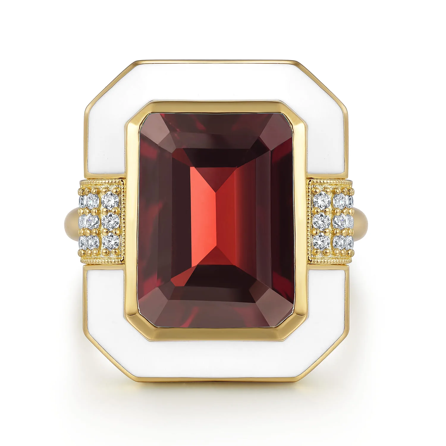 Diamond and Garnet Cocktail Ring with White Enamel