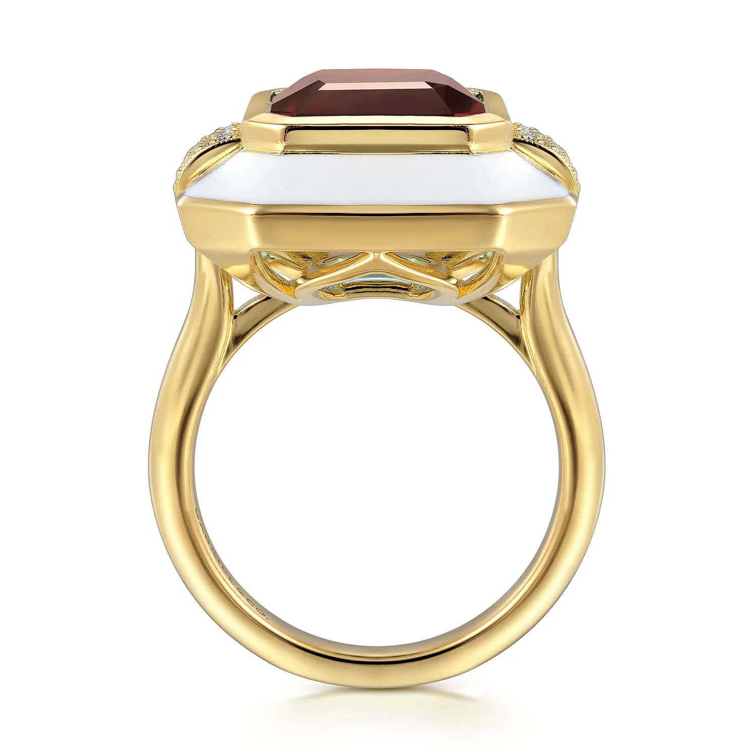 Diamond and Garnet Cocktail Ring with White Enamel in 14K Yellow Gold, photograph 2